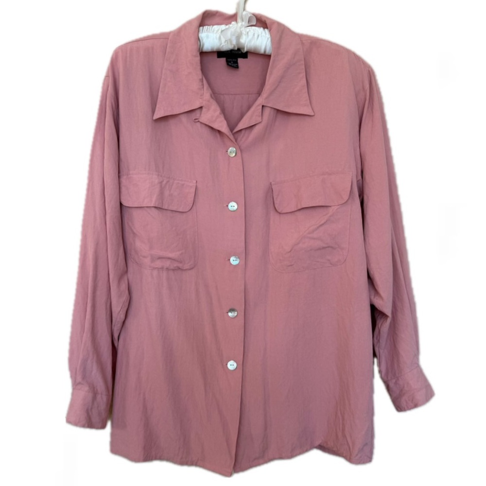Women's Long Sleeve Silk Collared Button-Down Shirt Pink Coral Lightweight